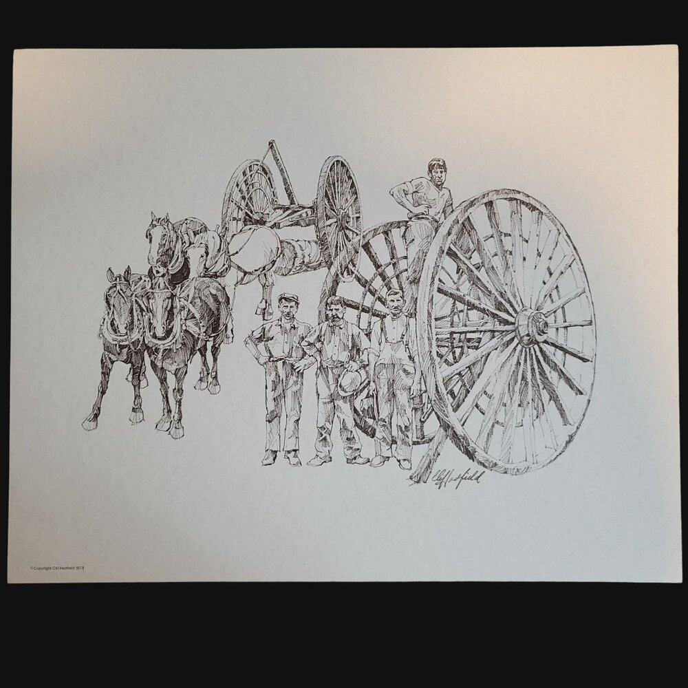 Vintage Big Wheels Logging Operation Horse-Drawn Sketch Print Clif Hadfield 1978